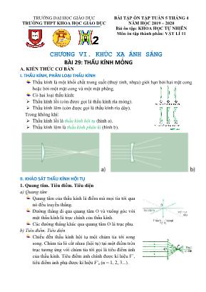 Bài tập ôn tập tuần 5 tháng 4 môn Vật lý Lớp 11 - Bài 29 Thấu kính mỏng - Năm học 2019-2020 - Trường THPT Khoa học giáo dục